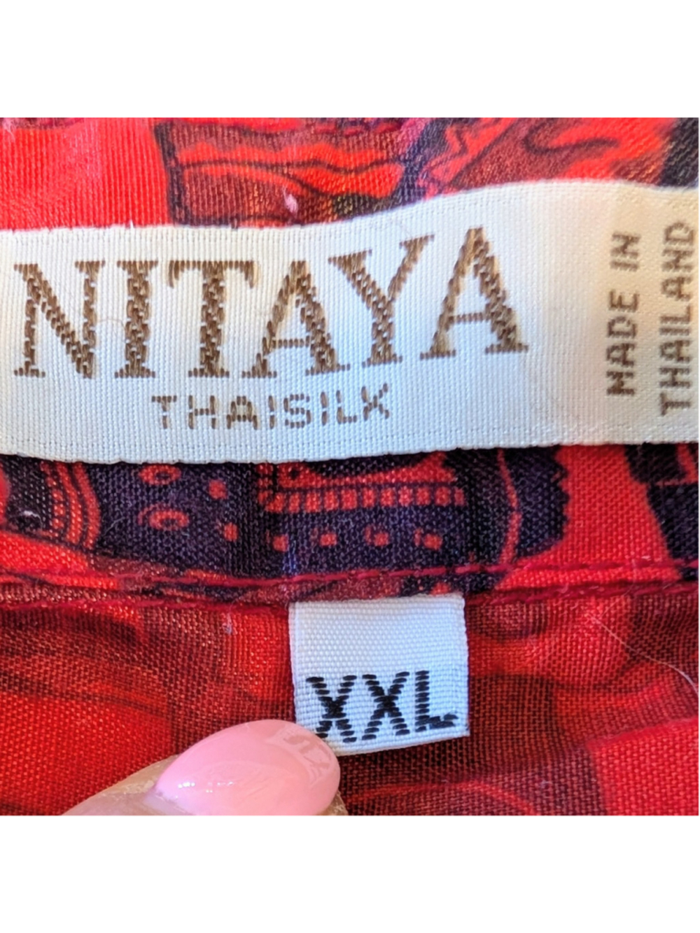 Thai Silk Elephant Print Shirt Mens XL Red Black Button Up Resort Festival - Picture 8 of 8